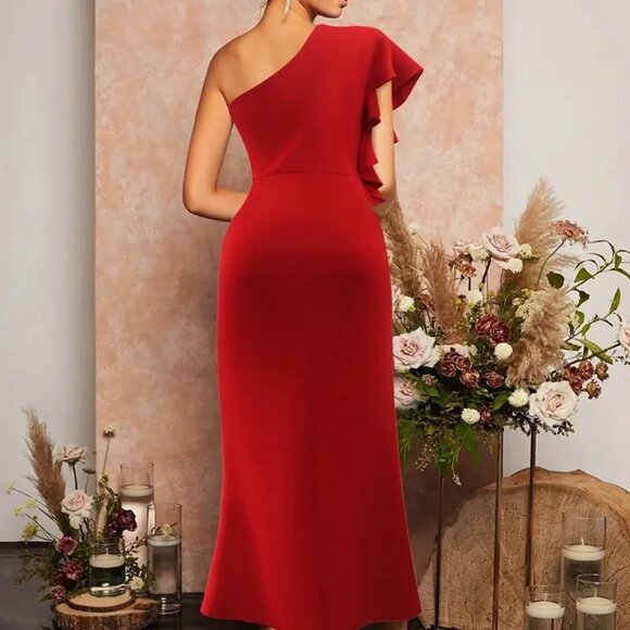 Elegant Split Hem Ruffle Trim One Shoulder Dress - Picture 2 of 6